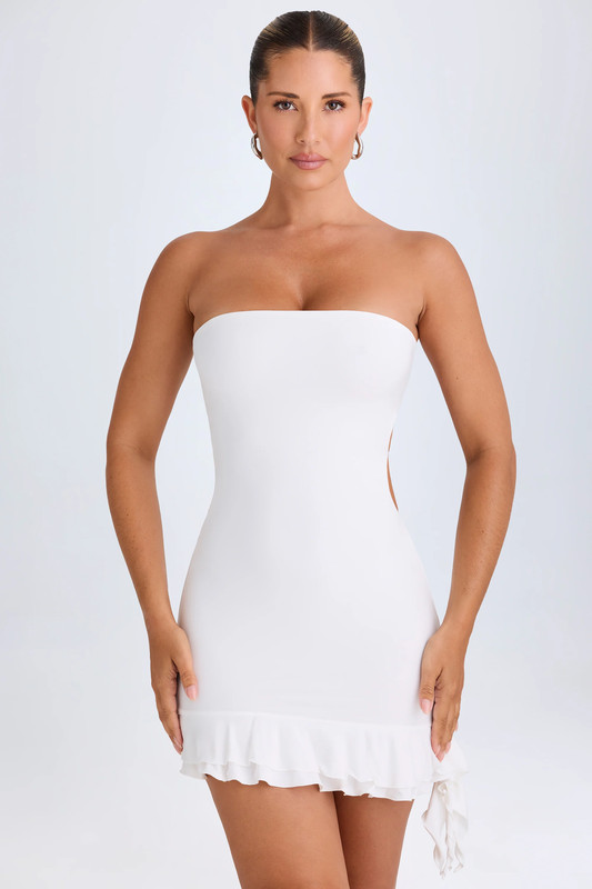 Ruffle-Trim Cut-Out Bandeau Mini Dress in White - Size:L